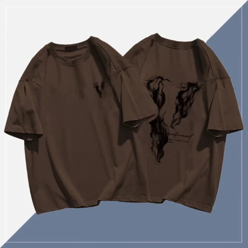 Áo phông vintage nam Màu kaki form rộng mùa hè cổ tròn "V" in hình fashion local brand - Ảnh 3
