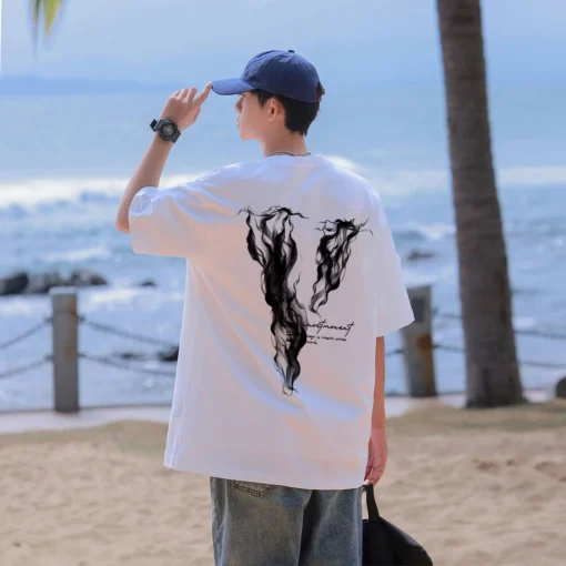 Áo phông vintage nam Màu kaki form rộng mùa hè cổ tròn "V" in hình fashion local brand - Ảnh 2