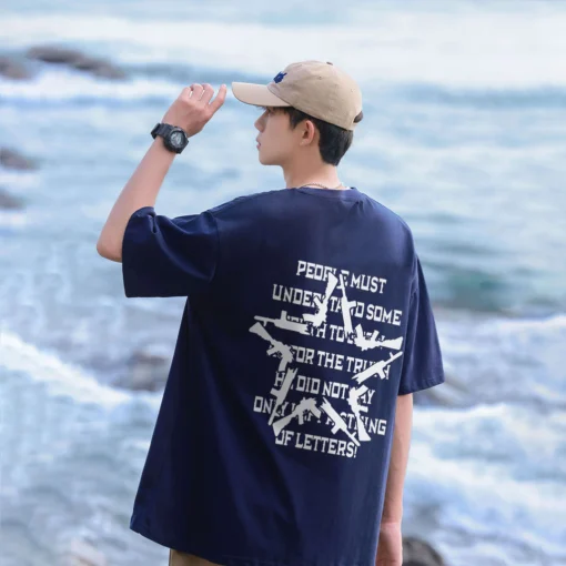Áo thun cổ điển Áo thun sọc chữ xanh hải quân unisex ulzzang 100% cotton - Ảnh 4