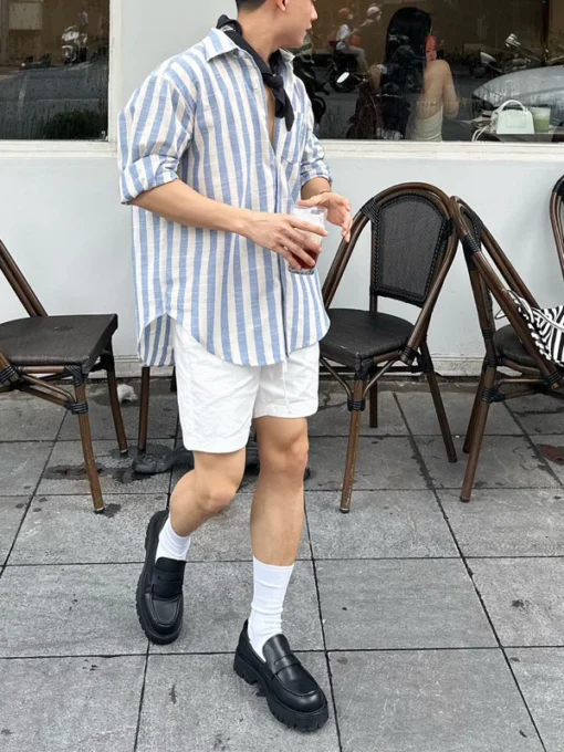 Áo Sơ Mi Nam Kẻ Sọc Form Rộng Oversize Dài Tay Cổ Bẻ Vải Linen Cao Cấp Thời Trang - Ảnh 7