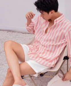 Alternative view of Áo Sơ Mi Nam Kẻ Sọc Form Rộng Oversize Dài Tay Cổ Bẻ Vải Linen Cao Cấp Thời Trang