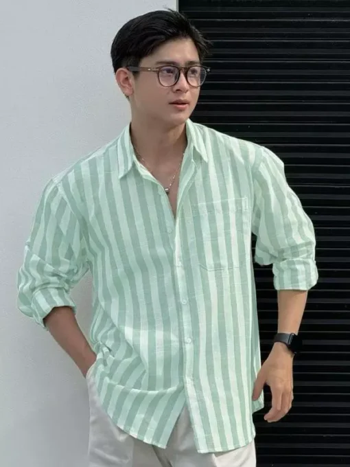 Áo Sơ Mi Nam Kẻ Sọc Form Rộng Oversize Dài Tay Cổ Bẻ Vải Linen Cao Cấp Thời Trang - Ảnh 3