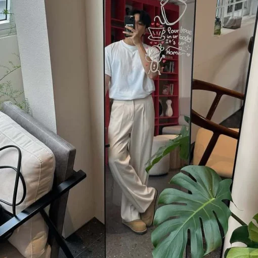 uần Âu Nam Ống Rộng Xếp Ly Lưng Chun Co Giãn Không Lo Chật Bụng Vải Chéo Đứng Form - Ảnh 3