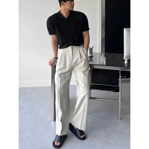 Quần Âu Nam Hàn Quốc Dáng Baggy Vải Co Giãn Dày Dặn Dáng Suông Ống Rộng, Màu Đen, Kem - Ảnh 4