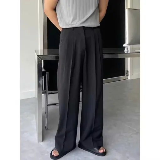 Quần Âu Nam Hàn Quốc Dáng Baggy Vải Co Giãn Dày Dặn Dáng Suông Ống Rộng, Màu Đen, Kem - Ảnh 3