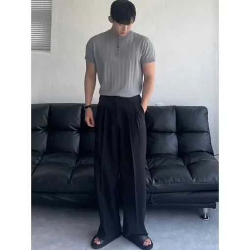 Quần Âu Nam Hàn Quốc Dáng Baggy Vải Co Giãn Dày Dặn Dáng Suông Ống Rộng, Màu Đen, Kem - Ảnh 6
