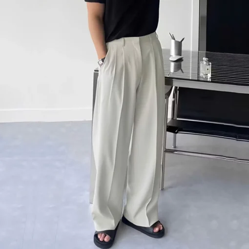 Quần Âu Nam Hàn Quốc Dáng Baggy Vải Co Giãn Dày Dặn Dáng Suông Ống Rộng, Màu Đen, Kem - Ảnh 2