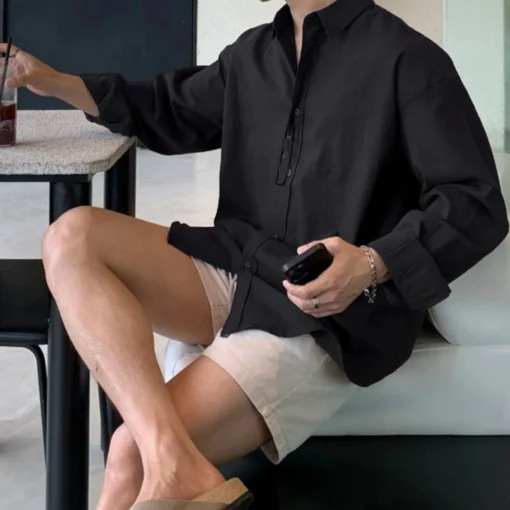 Áo Sơ Mi Nam Đi Biển Dài Tay Đẹp Vải Linen Đũi Mềm Thoáng Mát Nhiều Màu Đen Than Trắng - Ảnh 2