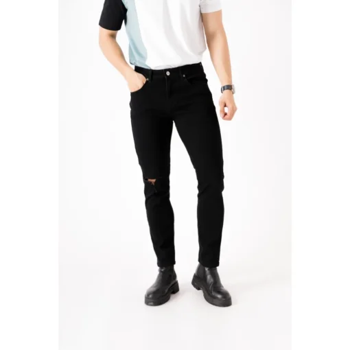 Quần jean nam rách gối to màu đen trơn chất bò co dãn 4 chiều đẹp form dáng skinny - Ảnh 2
